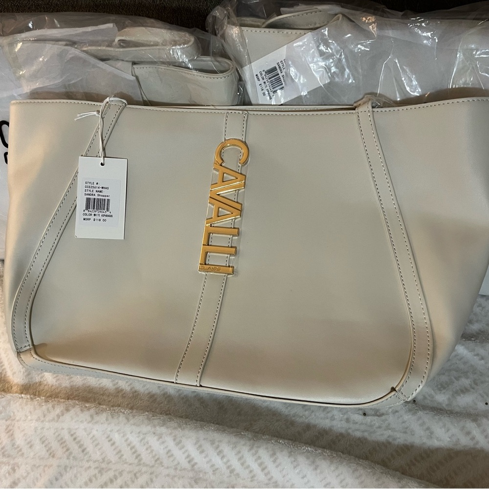 NWT Cavalli Class Large Sandra Shopper Tote Bag Satchel White Asparagus - Picture 9 of 9